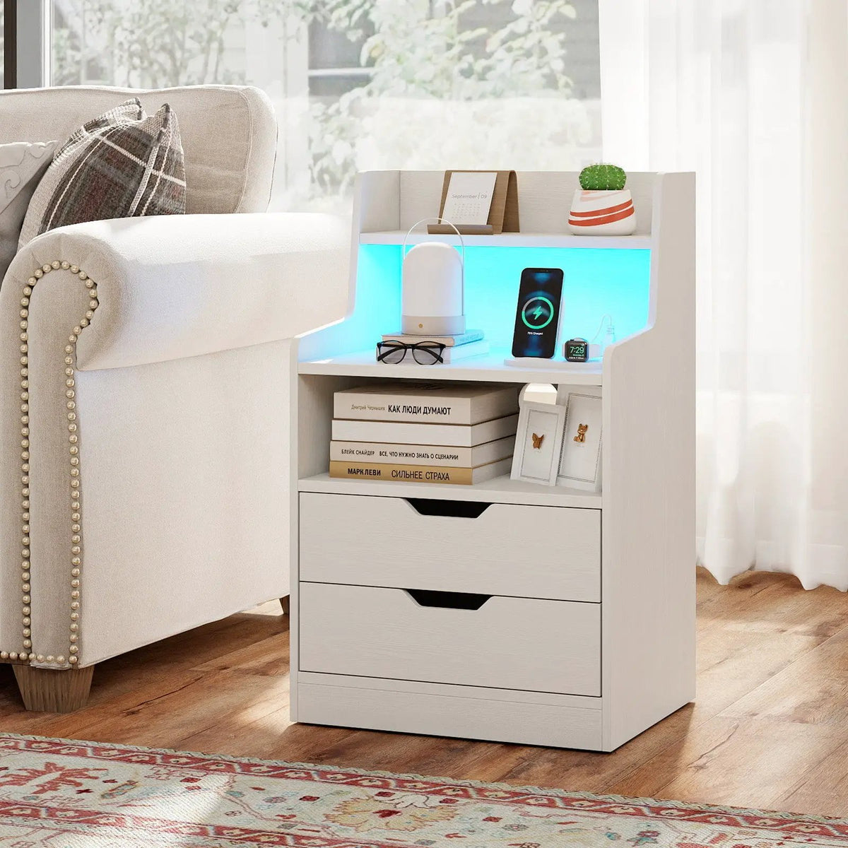 Nightstand with LED Light and Charging Station for Living Room Bedroom-White, photo 2 of 9
