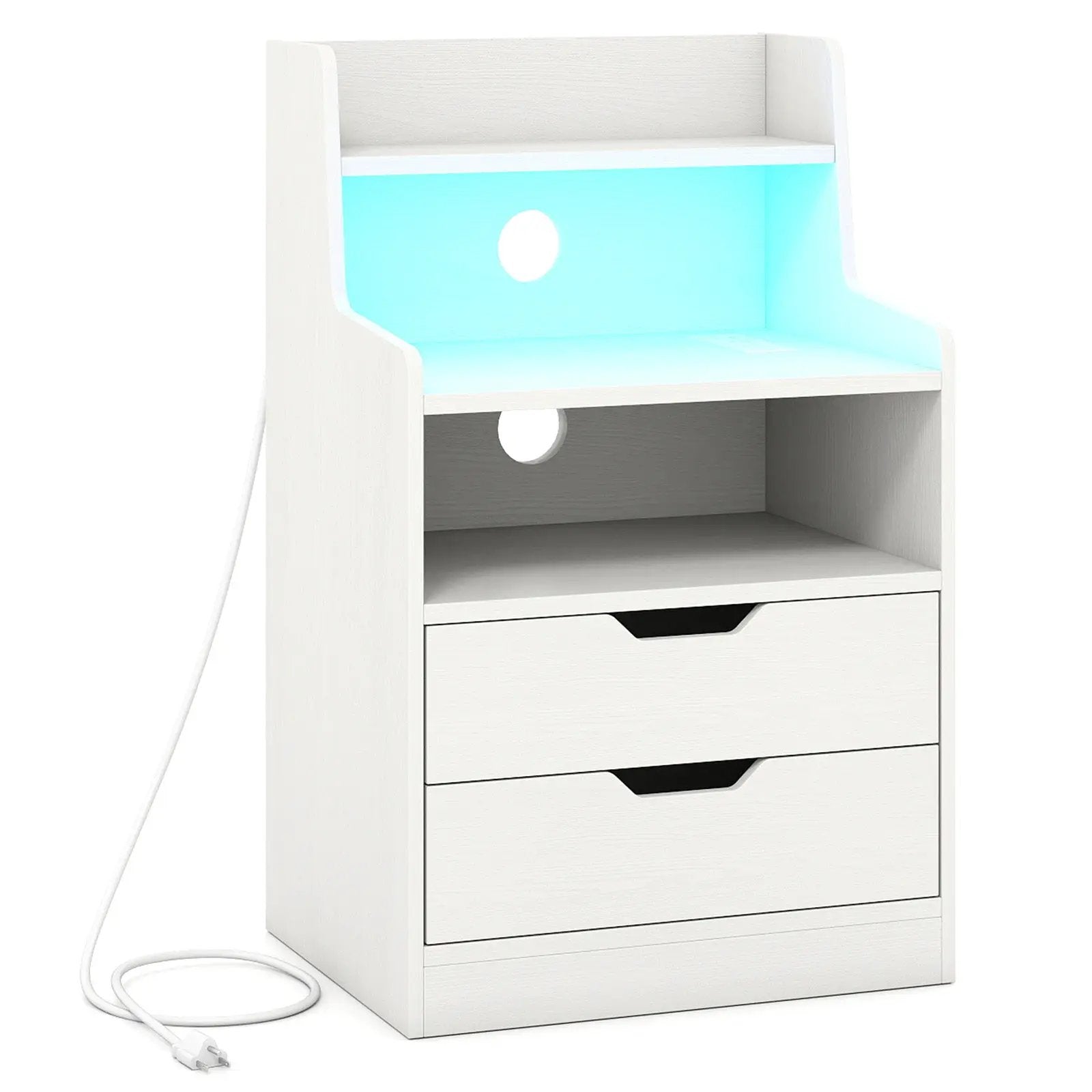 Nightstand with LED Light and Charging Station for Living Room Bedroom-White by DirectDeals