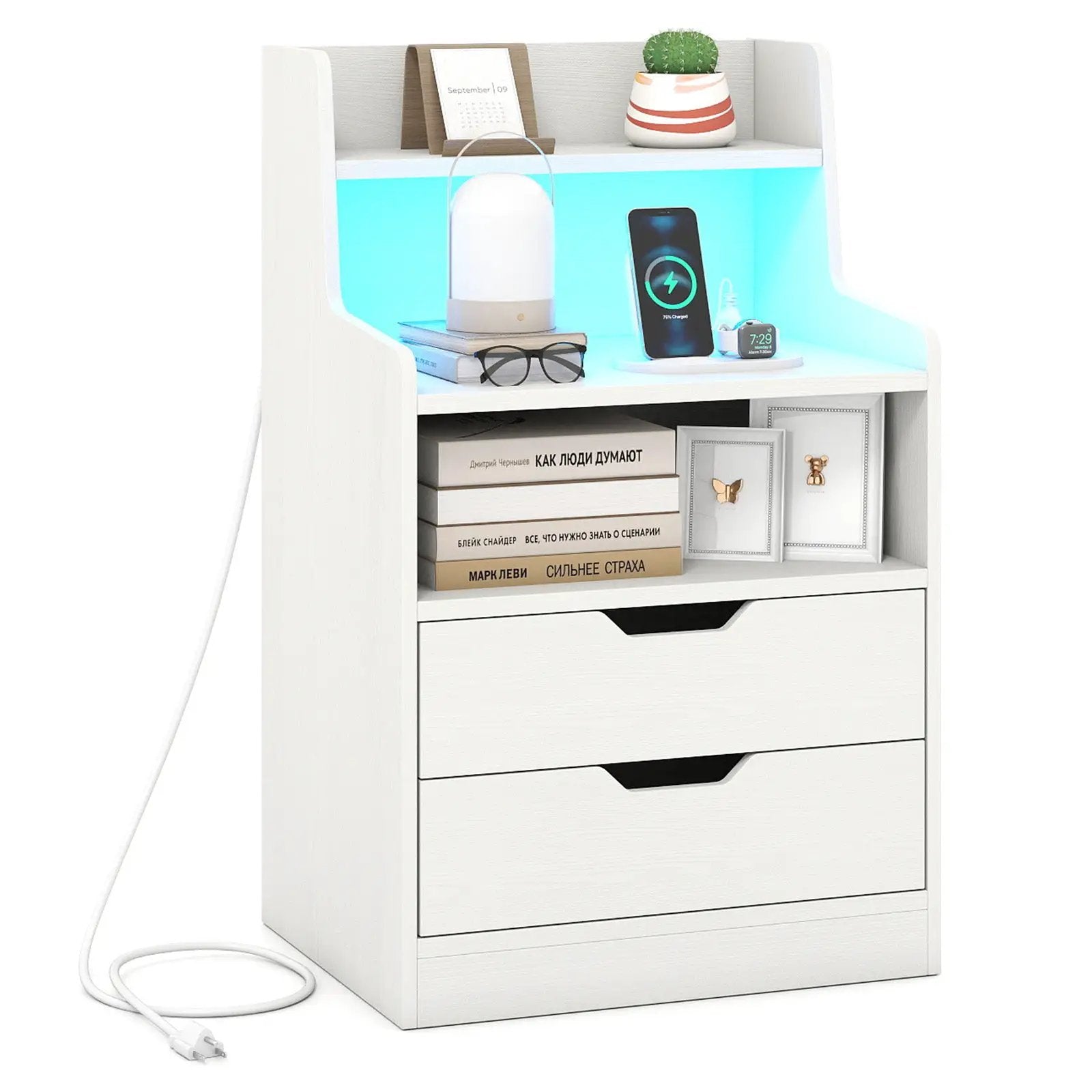 Nightstand with LED Light and Charging Station for Living Room Bedroom-White by DirectDeals