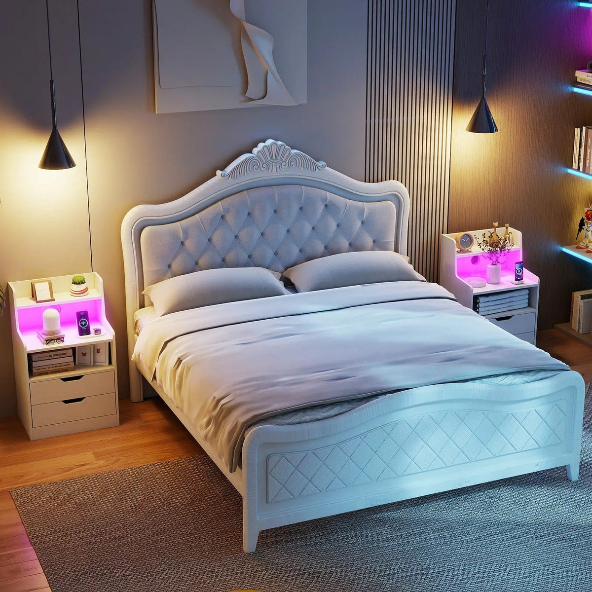 Nightstand with LED Light and Charging Station for Living Room Bedroom-White, photo 6 of 9