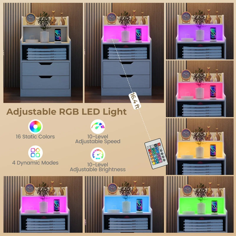 Nightstand with LED Light and Charging Station for Living Room Bedroom-White by DirectDeals