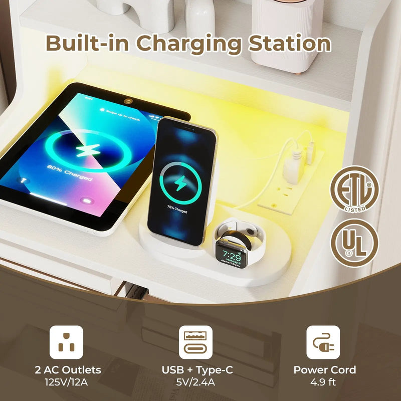 Nightstand with LED Light and Charging Station for Living Room Bedroom-White by DirectDeals