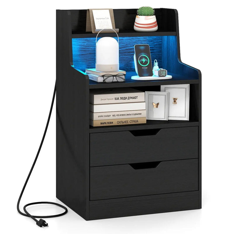 Nightstand with LED Light and Charging Station for Living Room Bedroom-White by DirectDeals