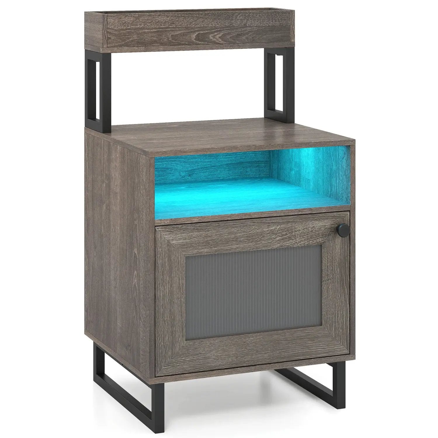 Nightstand with LED Lights Modern End Table with Top Tray Open Compartment and Storage Cabinet by DirectDeals