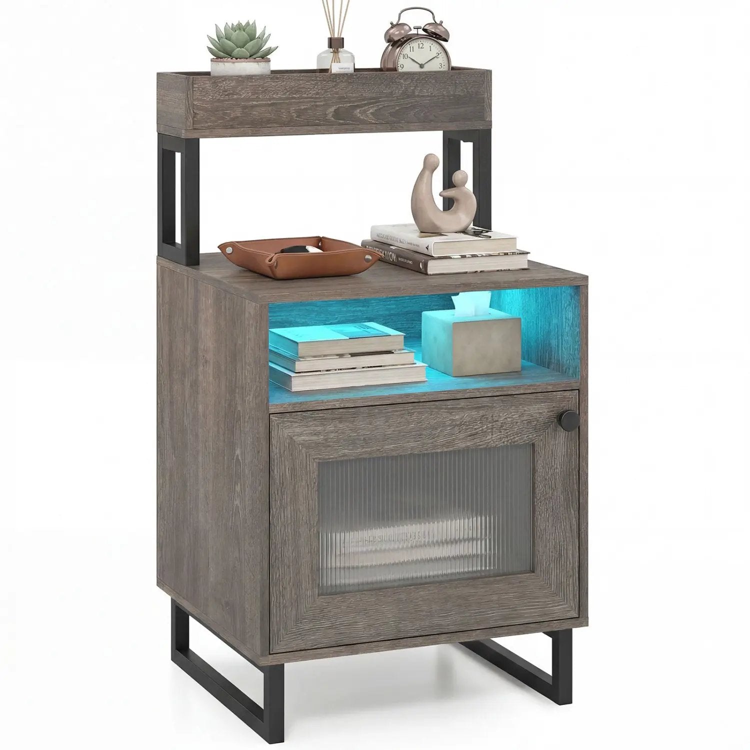 Nightstand with LED Lights Modern End Table with Top Tray Open Compartment and Storage Cabinet by DirectDeals