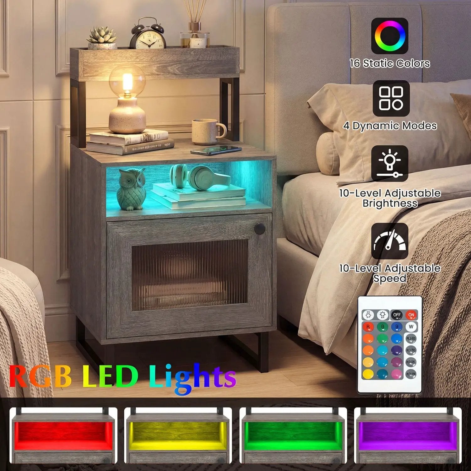 Nightstand with LED Lights Modern End Table with Top Tray Open Compartment and Storage Cabinet by DirectDeals