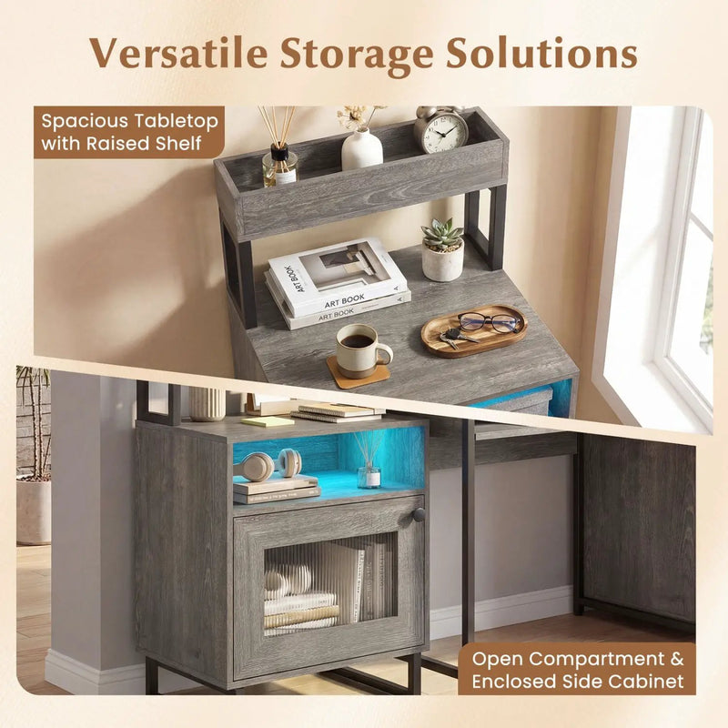 Nightstand with LED Lights Modern End Table with Top Tray Open Compartment and Storage Cabinet by DirectDeals