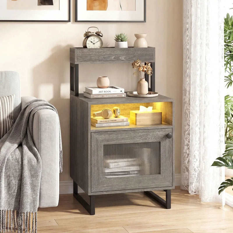 Nightstand with LED Lights Modern End Table with Top Tray Open Compartment and Storage Cabinet by DirectDeals