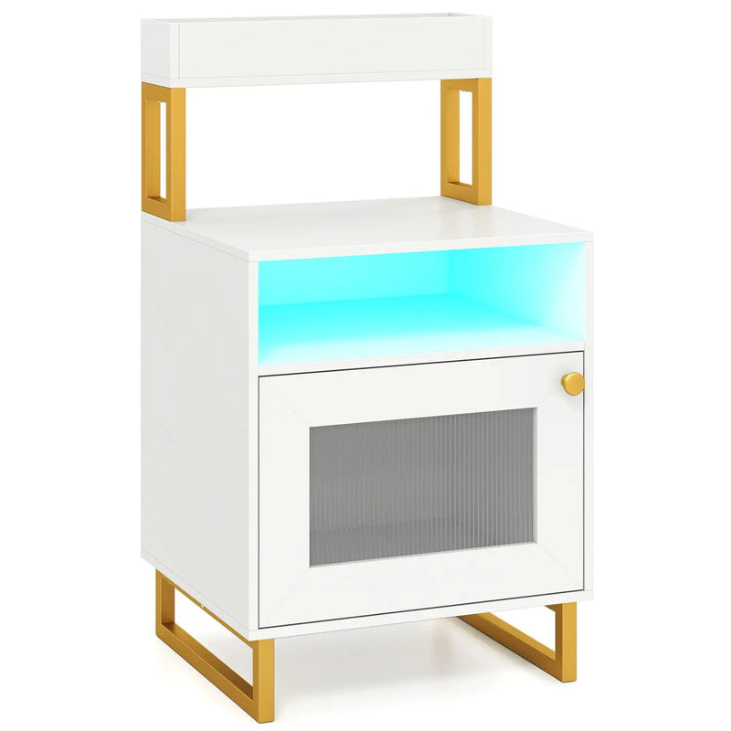 Nightstand with LED Lights Modern End Table with Top Tray Open Compartment and Storage Cabinet by DirectDeals