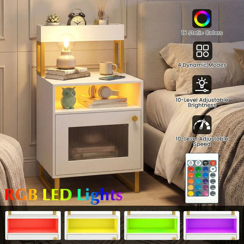 Nightstand with LED Lights Modern End Table with Top Tray Open Compartment and Storage Cabinet by DirectDeals