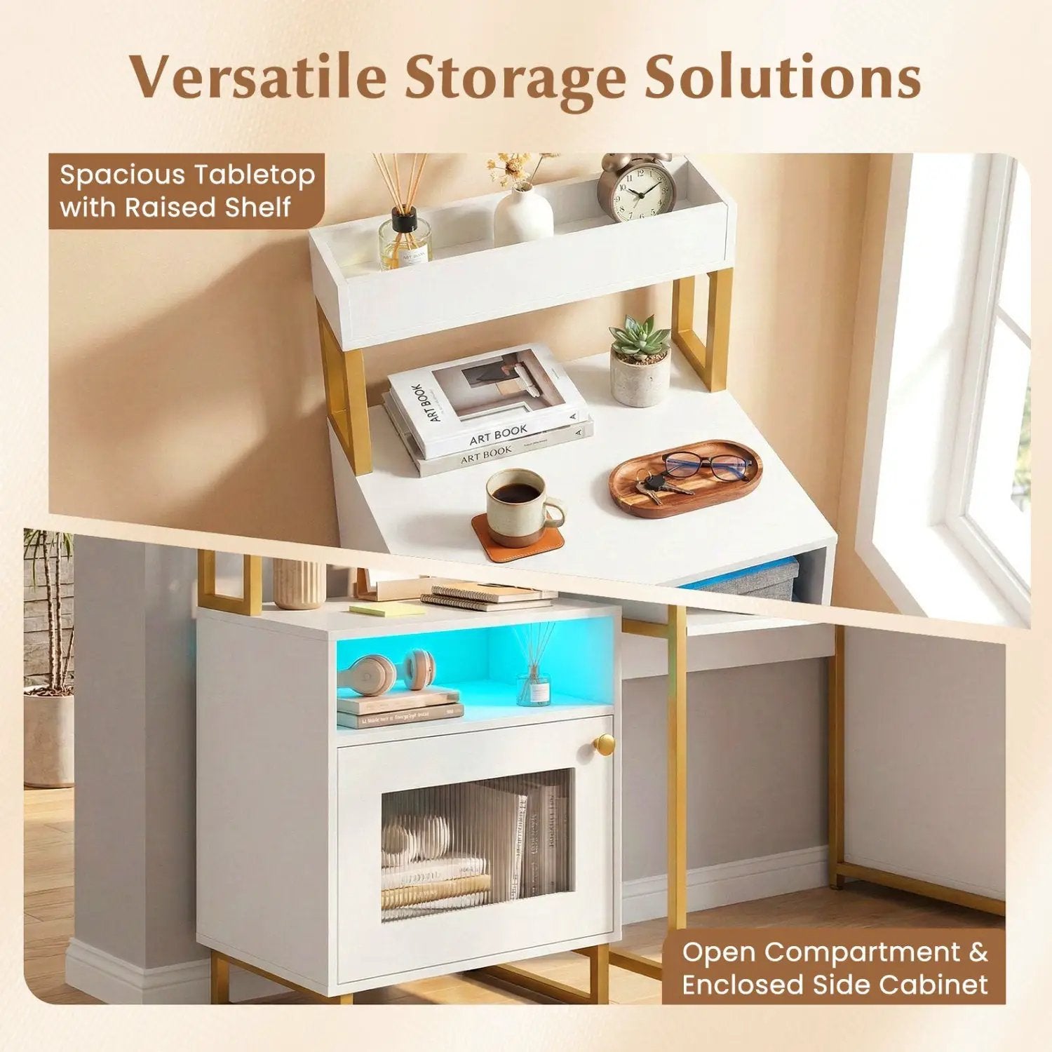 Nightstand with LED Lights Modern End Table with Top Tray Open Compartment and Storage Cabinet by DirectDeals