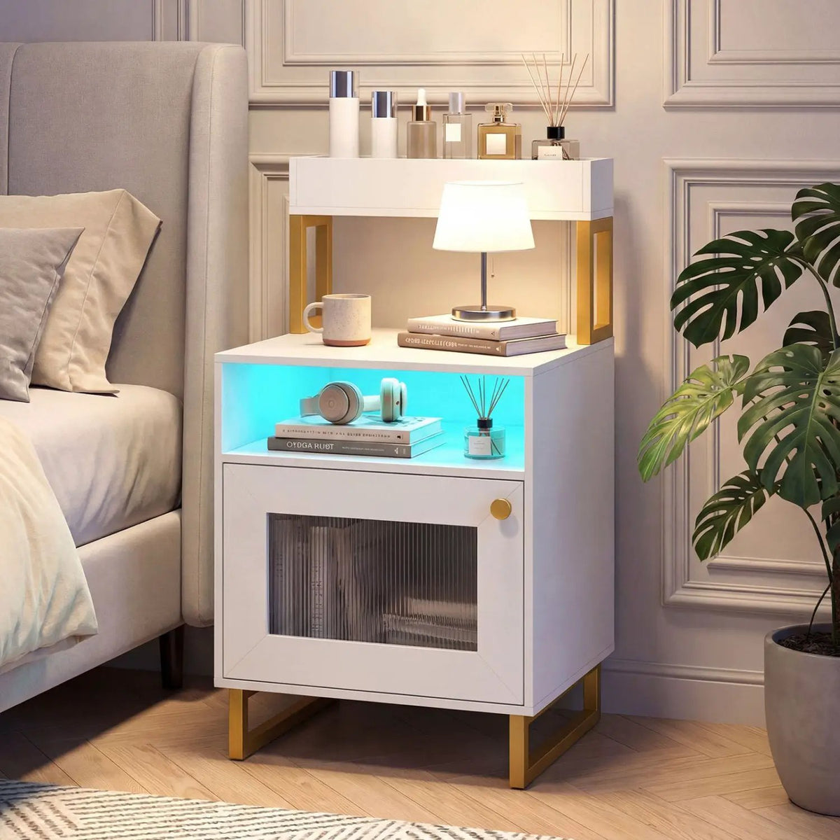 Nightstand with LED Lights Modern End Table with Top Tray Open Compartment and Storage Cabinet, photo 21 of 24