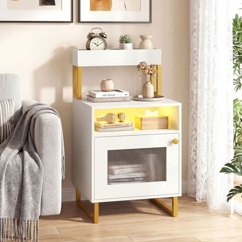Nightstand with LED Lights Modern End Table with Top Tray Open Compartment and Storage Cabinet by DirectDeals