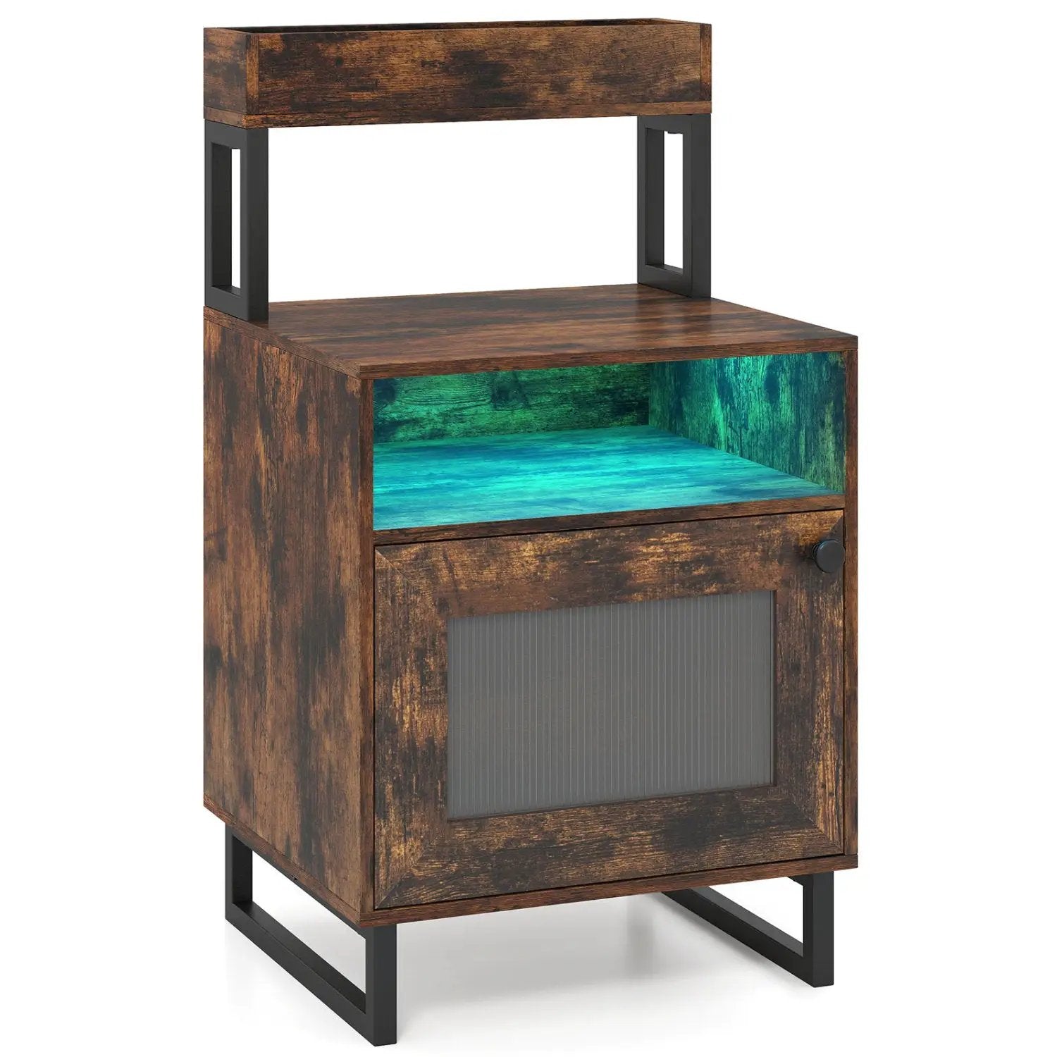 Nightstand with LED Lights Modern End Table with Top Tray Open Compartment and Storage Cabinet by DirectDeals