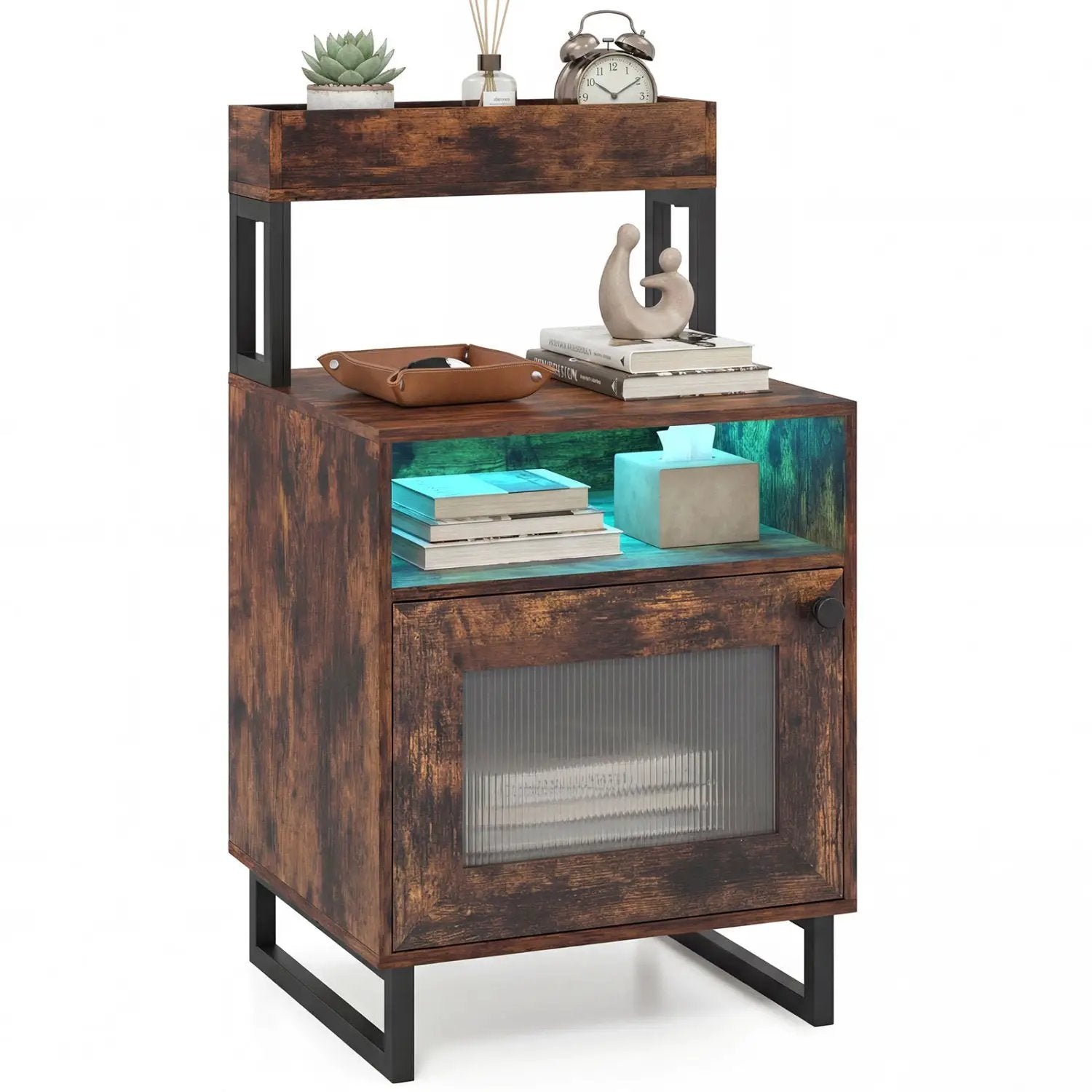 Nightstand with LED Lights Modern End Table with Top Tray Open Compartment and Storage Cabinet by DirectDeals