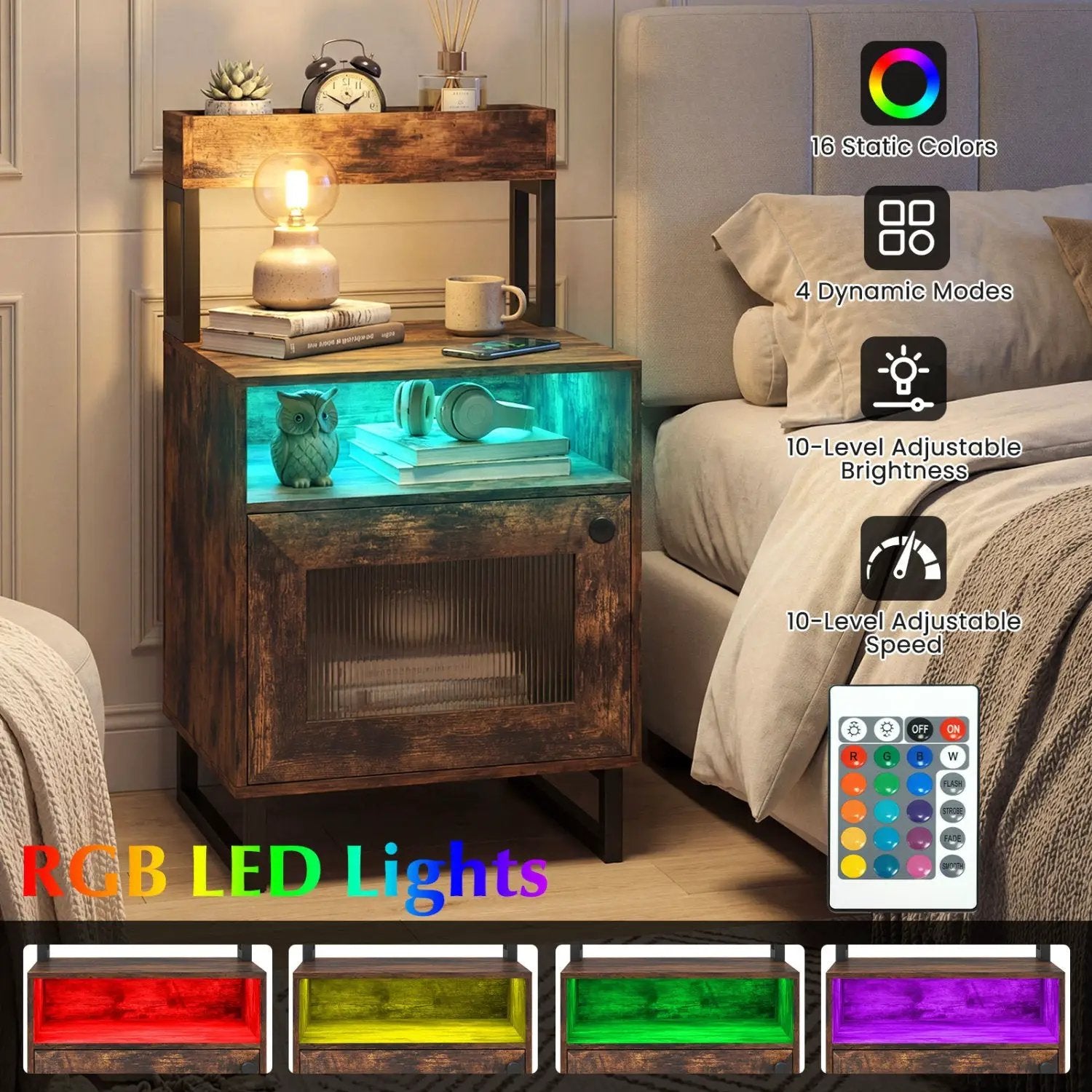 Nightstand with LED Lights Modern End Table with Top Tray Open Compartment and Storage Cabinet by DirectDeals