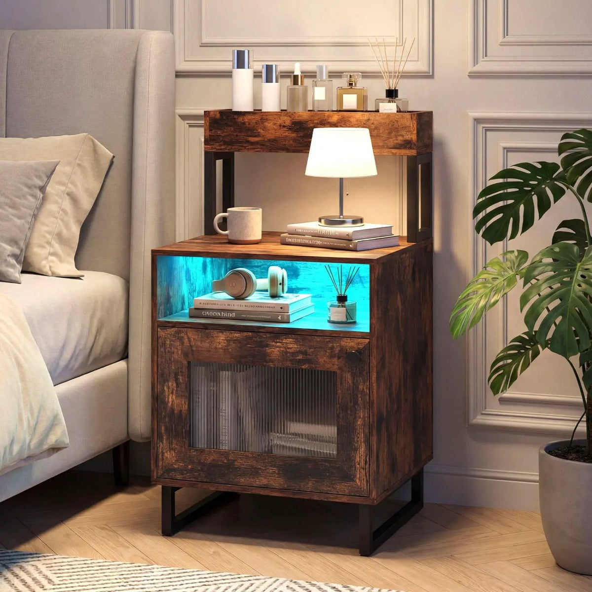 Nightstand with LED Lights Modern End Table with Top Tray Open Compartment and Storage Cabinet, photo 14 of 24