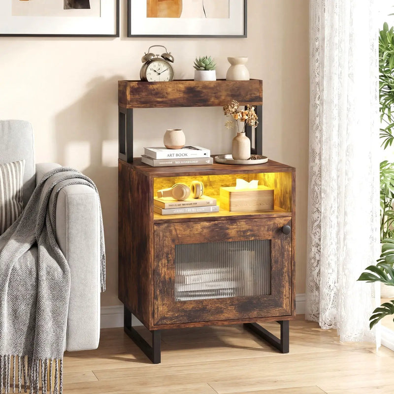 Nightstand with LED Lights Modern End Table with Top Tray Open Compartment and Storage Cabinet by DirectDeals