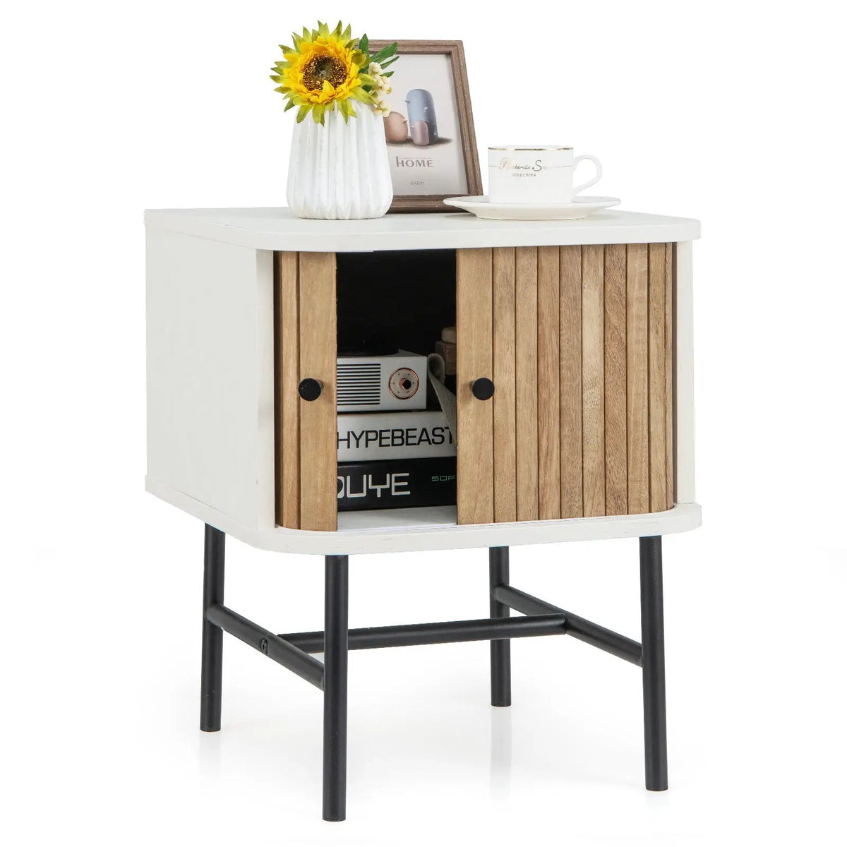Mid-century Modern Nightstand with Sliding Doors and Storage Cabinet, photo 4 of 9