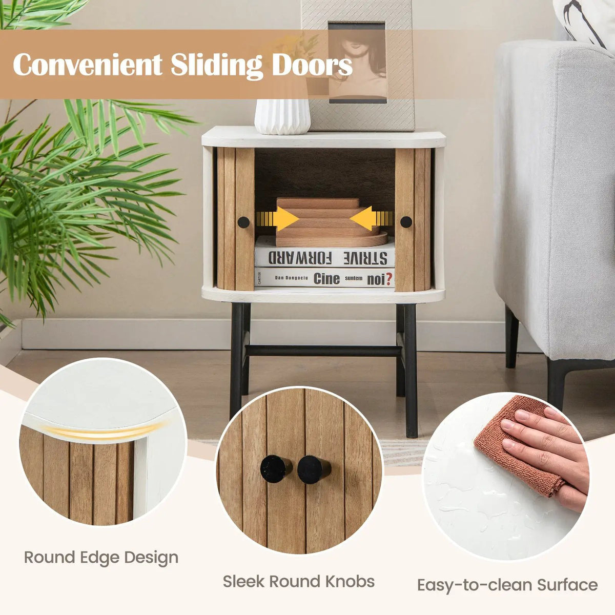 Mid-century Modern Nightstand with Sliding Doors and Storage Cabinet, photo 6 of 9