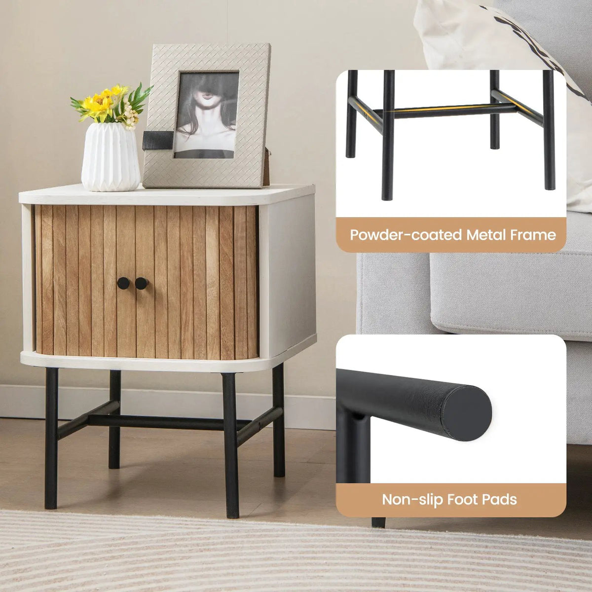 Mid-century Modern Nightstand with Sliding Doors and Storage Cabinet, photo 7 of 9