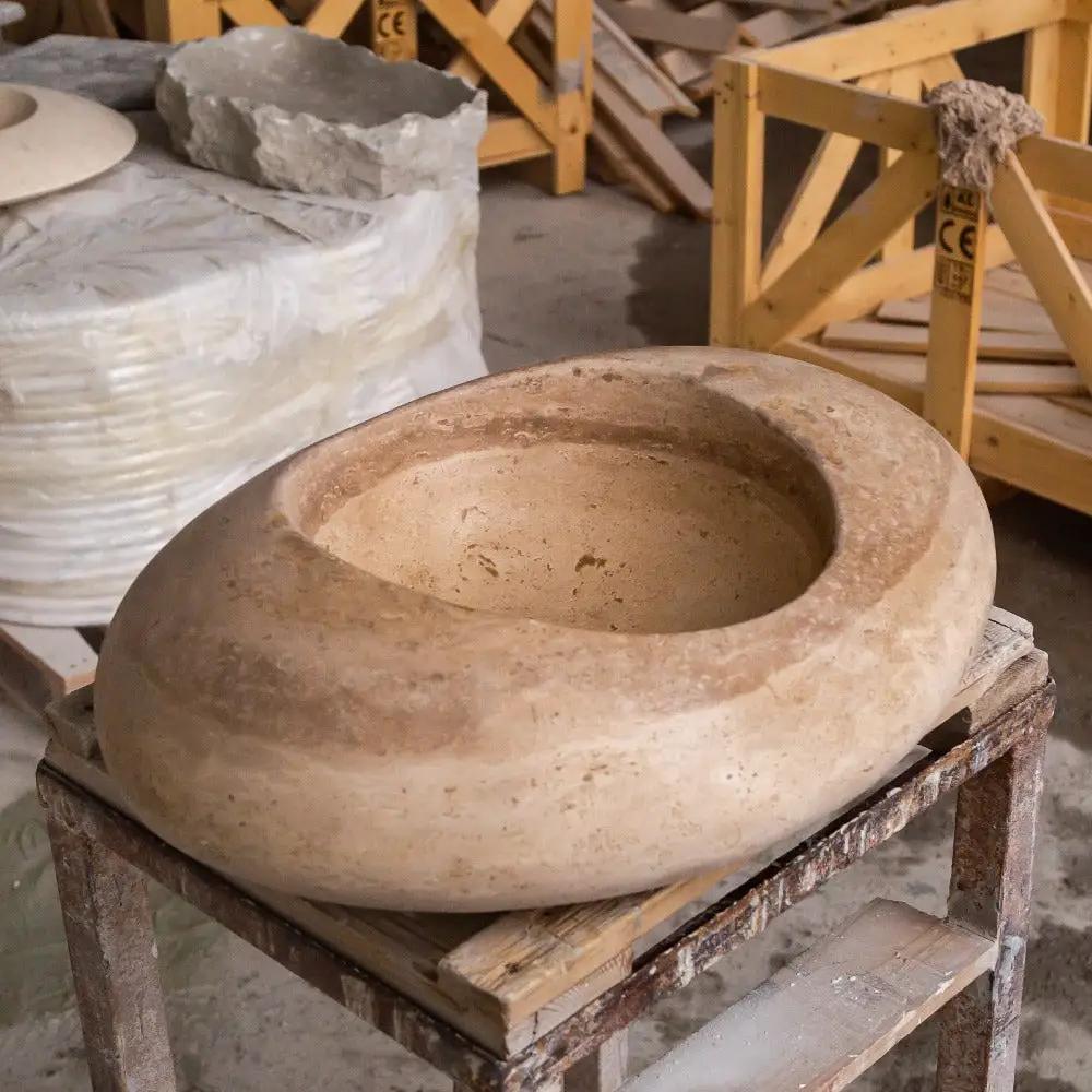 Noce Travertine Kayak Vessel Sink Honed and Filled 16x23x6 by GobekDesign