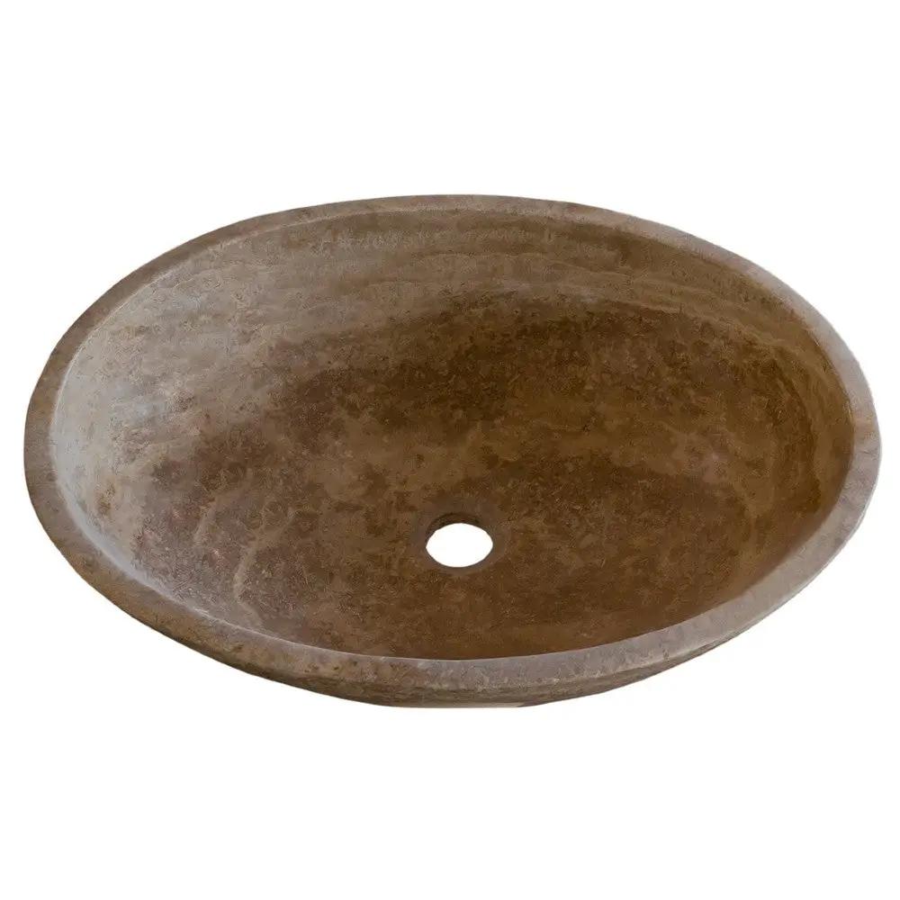 Turkish Travertine Natural Stone Oval Vessel Sink Noce Brown Handcrafted 16x21 Inch by GobekDesign