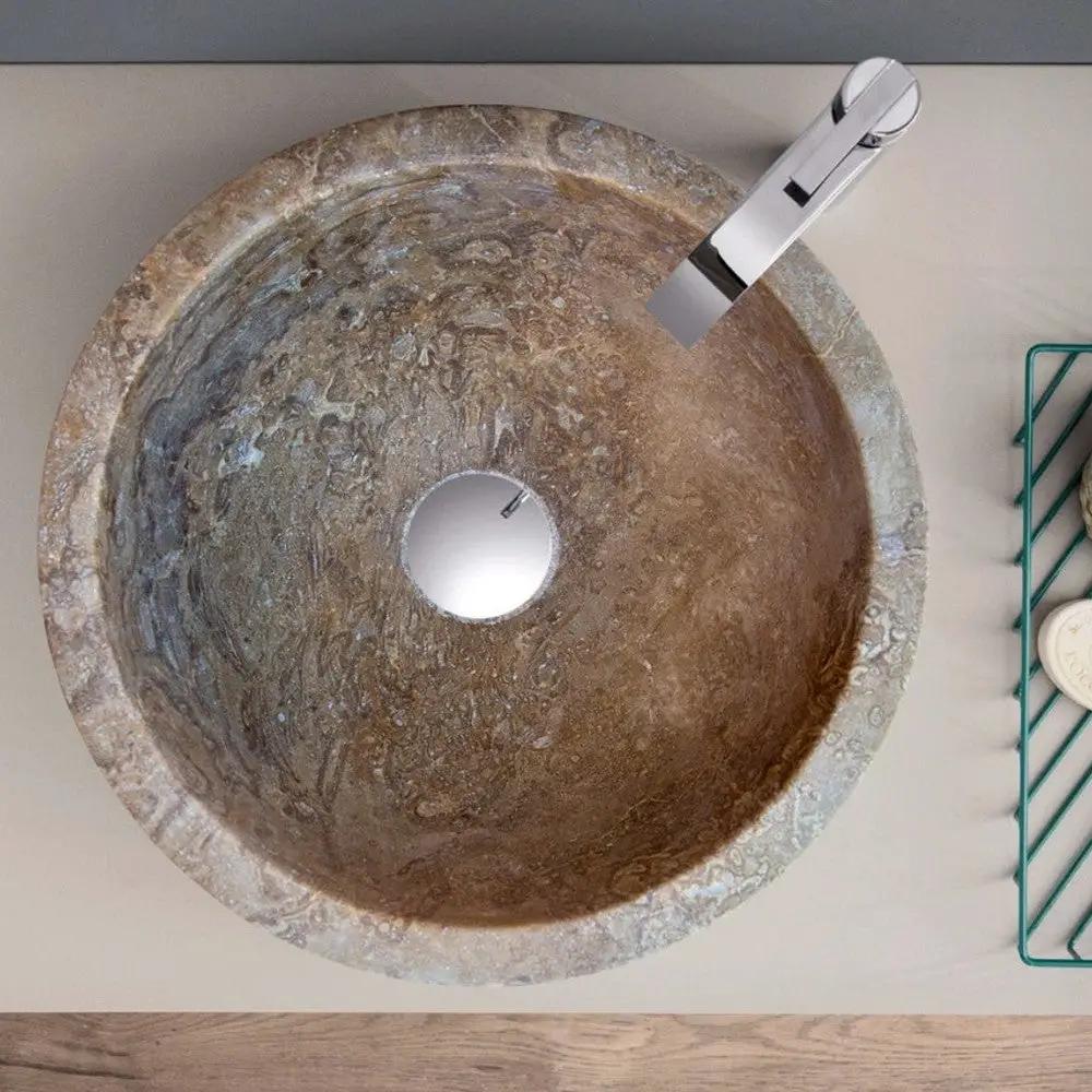 Noce Brown Travertine Natural Stone Round Above Vanity Bathroom Sink 12.5 Diameter 6 Height by GobekDesign
