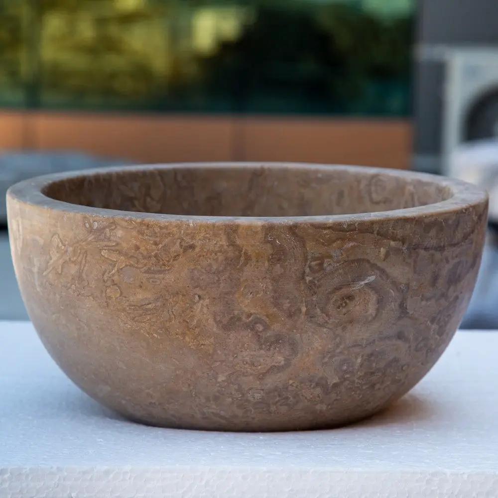 Noce Brown Travertine Natural Stone Round Above Vanity Bathroom Sink 12.5 Diameter 6 Height by GobekDesign