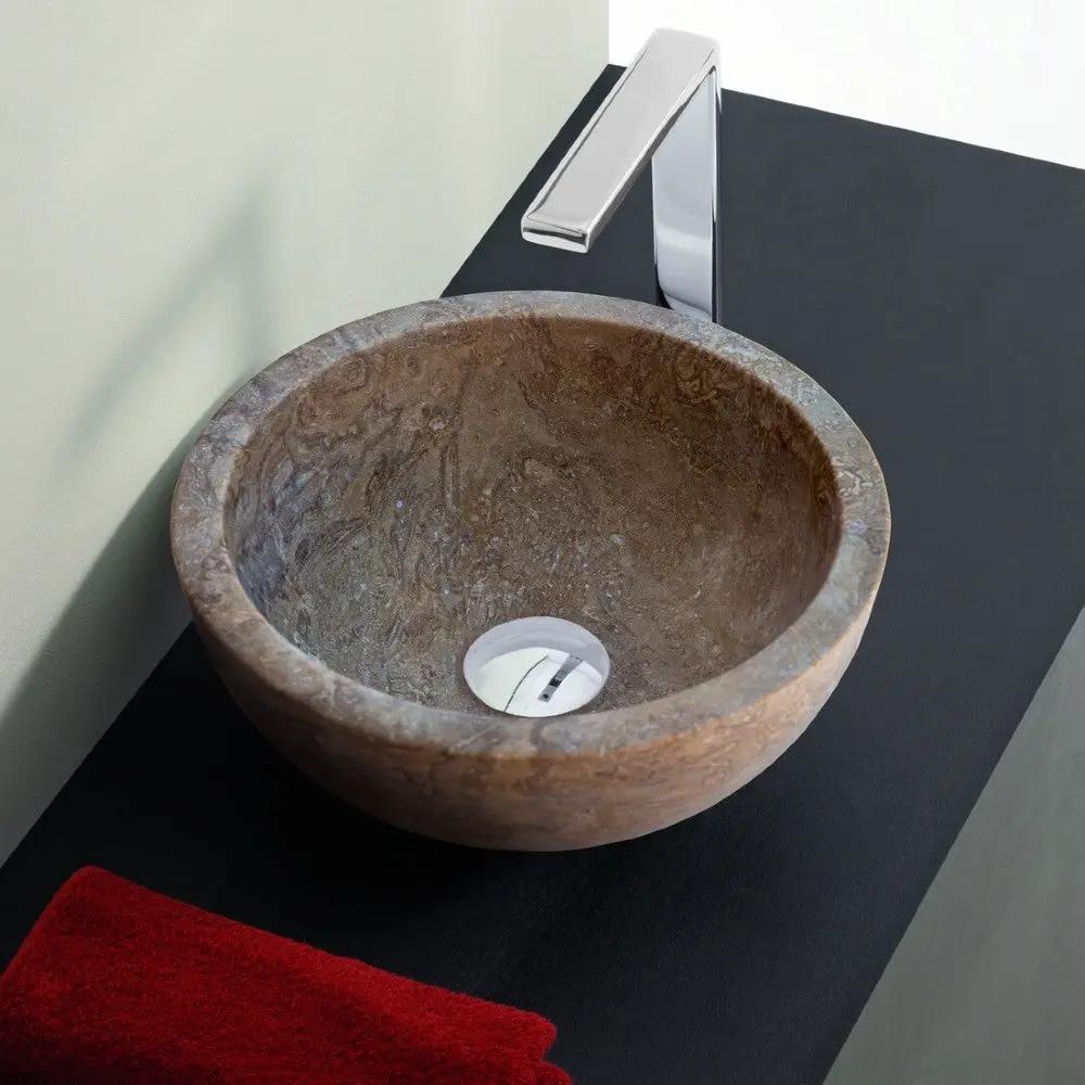 Noce Brown Travertine Natural Stone Round Above Vanity Bathroom Sink 12.5 Diameter 6 Height by GobekDesign