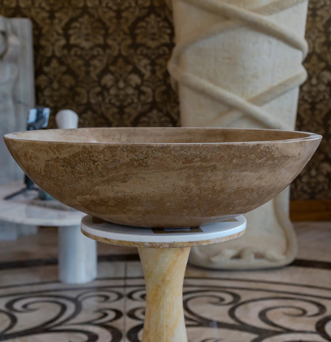 Turkish Travertine Natural Stone Oval Vessel Sink Noce Brown Handcrafted 16x21 Inch by GobekDesign