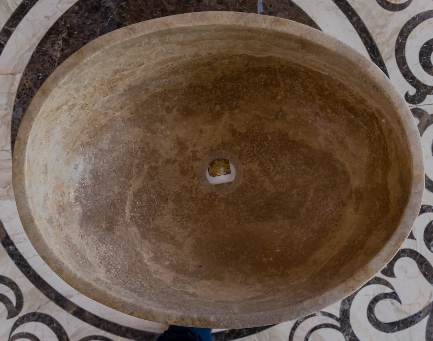 Turkish Travertine Natural Stone Oval Vessel Sink Noce Brown Handcrafted 16x21 Inch by GobekDesign
