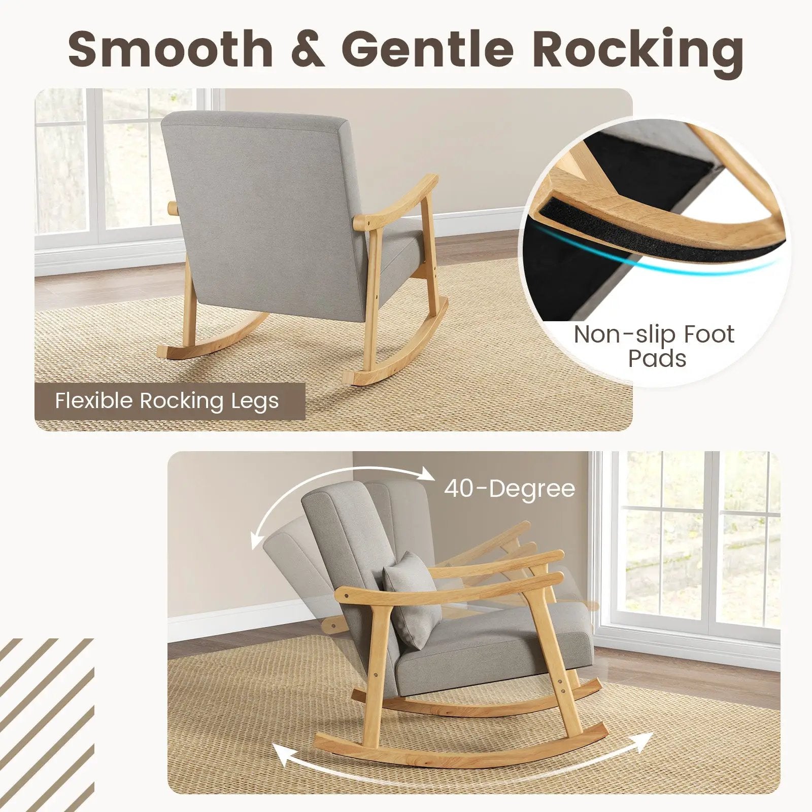 Nursery Rocking Accent Chair with Rubber Wood Armrests-Natural by DirectDeals