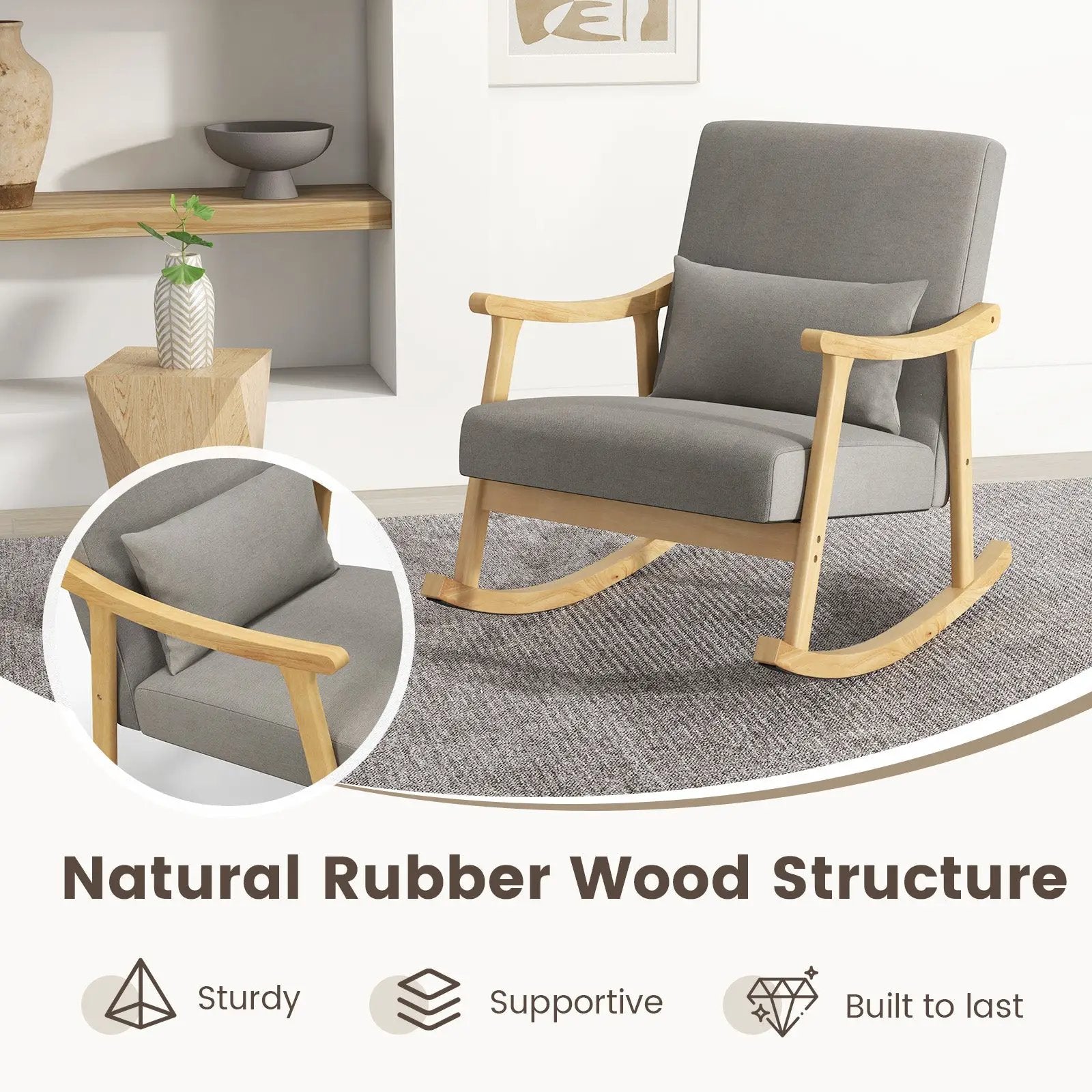 Nursery Rocking Accent Chair with Rubber Wood Armrests-Natural by DirectDeals