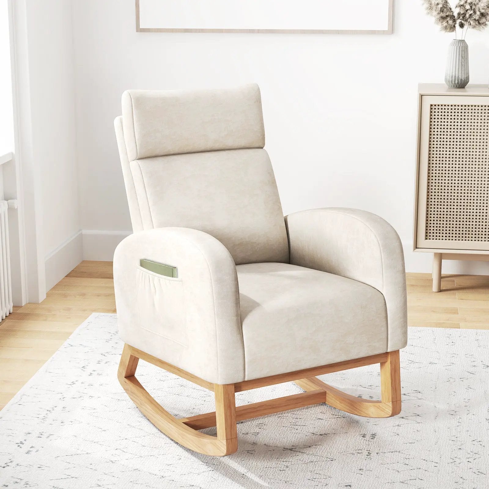 Nursery Rocking Chair Upholstered Chenille Rocker Armchair with Natural Rubber Wood Frame-Beige by DirectDeals