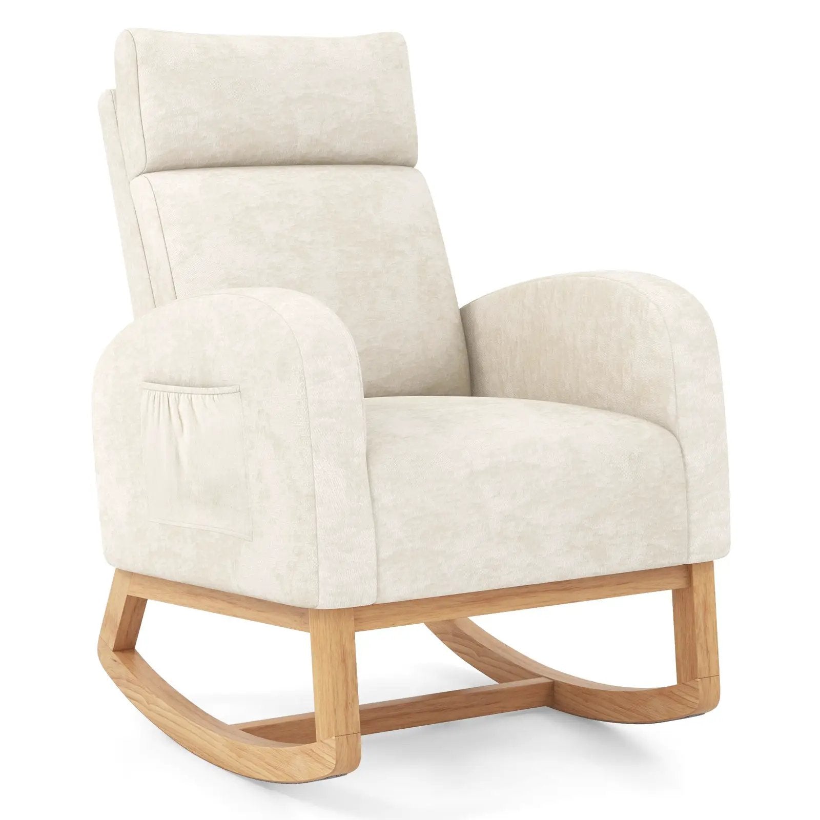 Nursery Rocking Chair Upholstered Chenille Rocker Armchair with Natural Rubber Wood Frame-Beige by DirectDeals