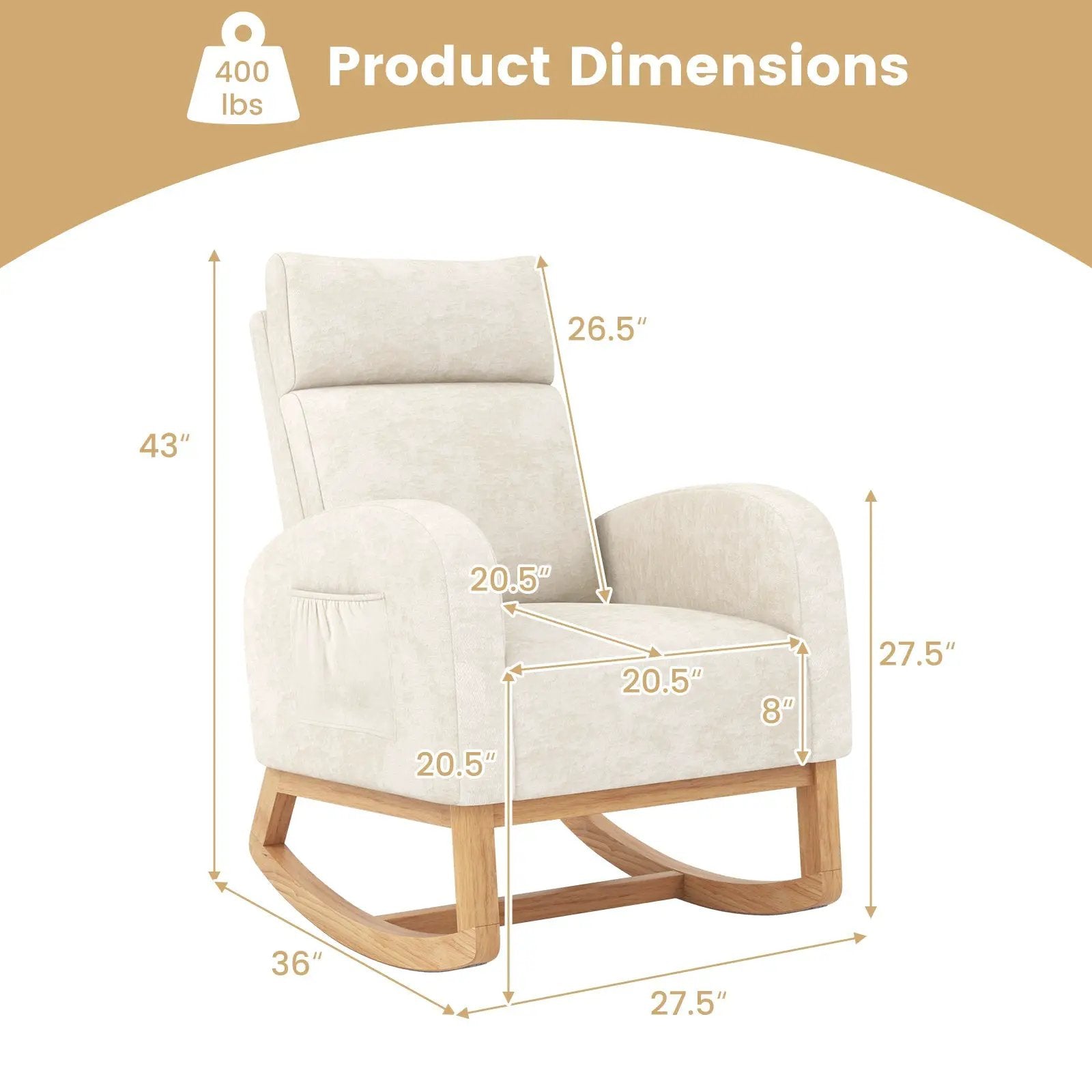 Nursery Rocking Chair Upholstered Chenille Rocker Armchair with Natural Rubber Wood Frame-Beige by DirectDeals