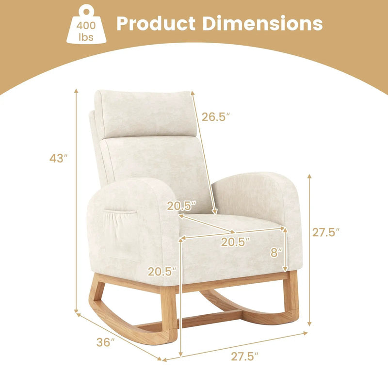 Nursery Rocking Chair Upholstered Chenille Rocker Armchair with Natural Rubber Wood Frame-Beige by DirectDeals