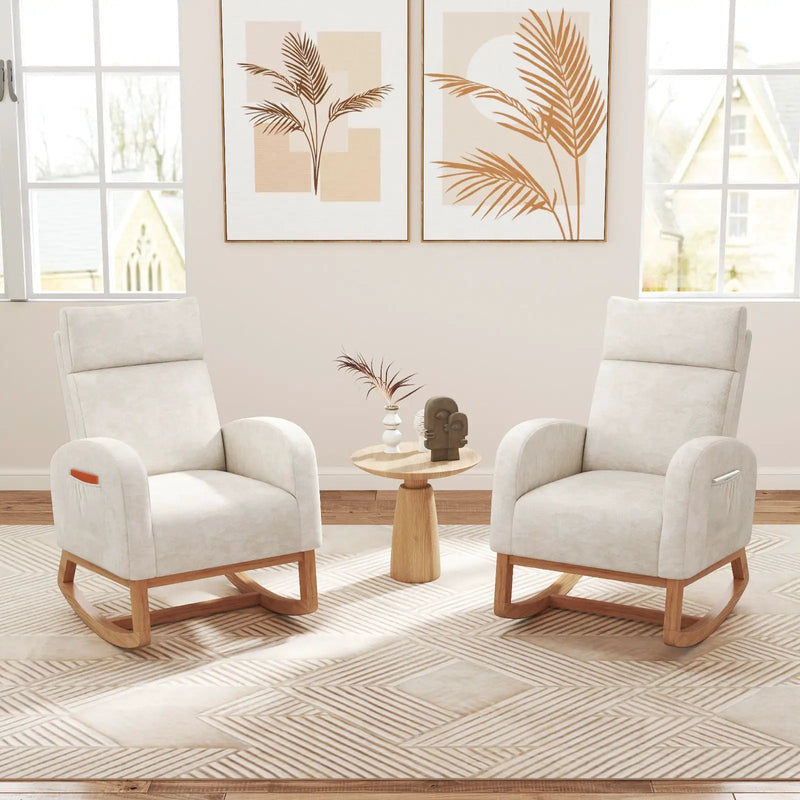 Nursery Rocking Chair Upholstered Chenille Rocker Armchair with Natural Rubber Wood Frame-Beige by DirectDeals