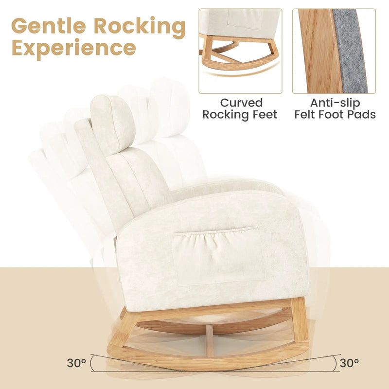 Nursery Rocking Chair Upholstered Chenille Rocker Armchair with Natural Rubber Wood Frame-Beige by DirectDeals