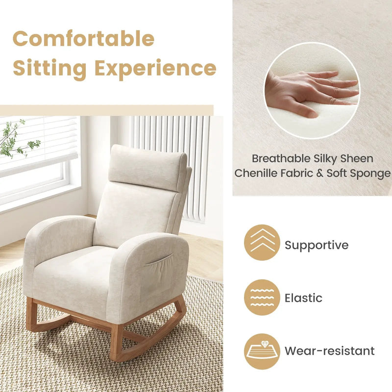 Nursery Rocking Chair Upholstered Chenille Rocker Armchair with Natural Rubber Wood Frame-Beige by DirectDeals