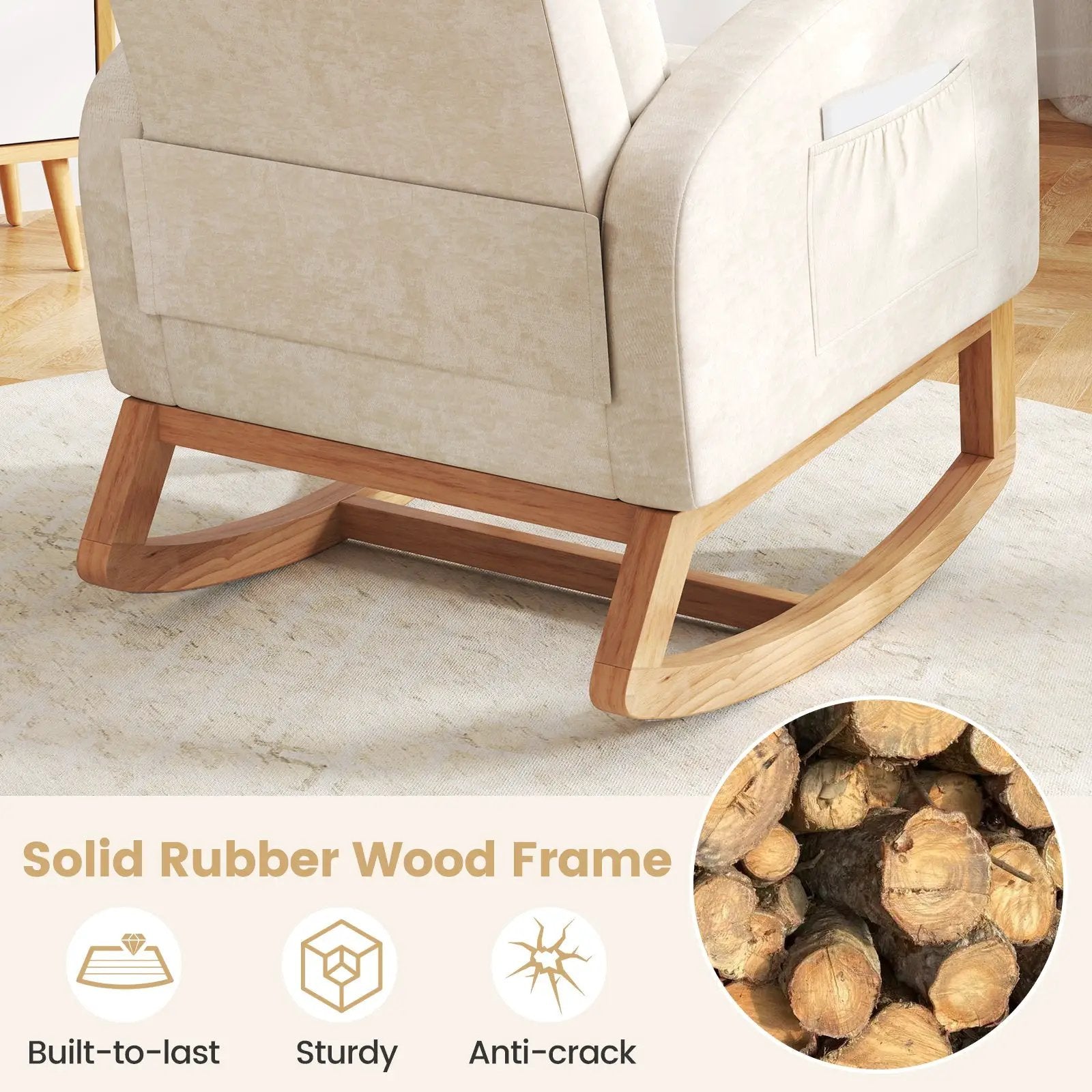 Nursery Rocking Chair Upholstered Chenille Rocker Armchair with Natural Rubber Wood Frame-Beige by DirectDeals