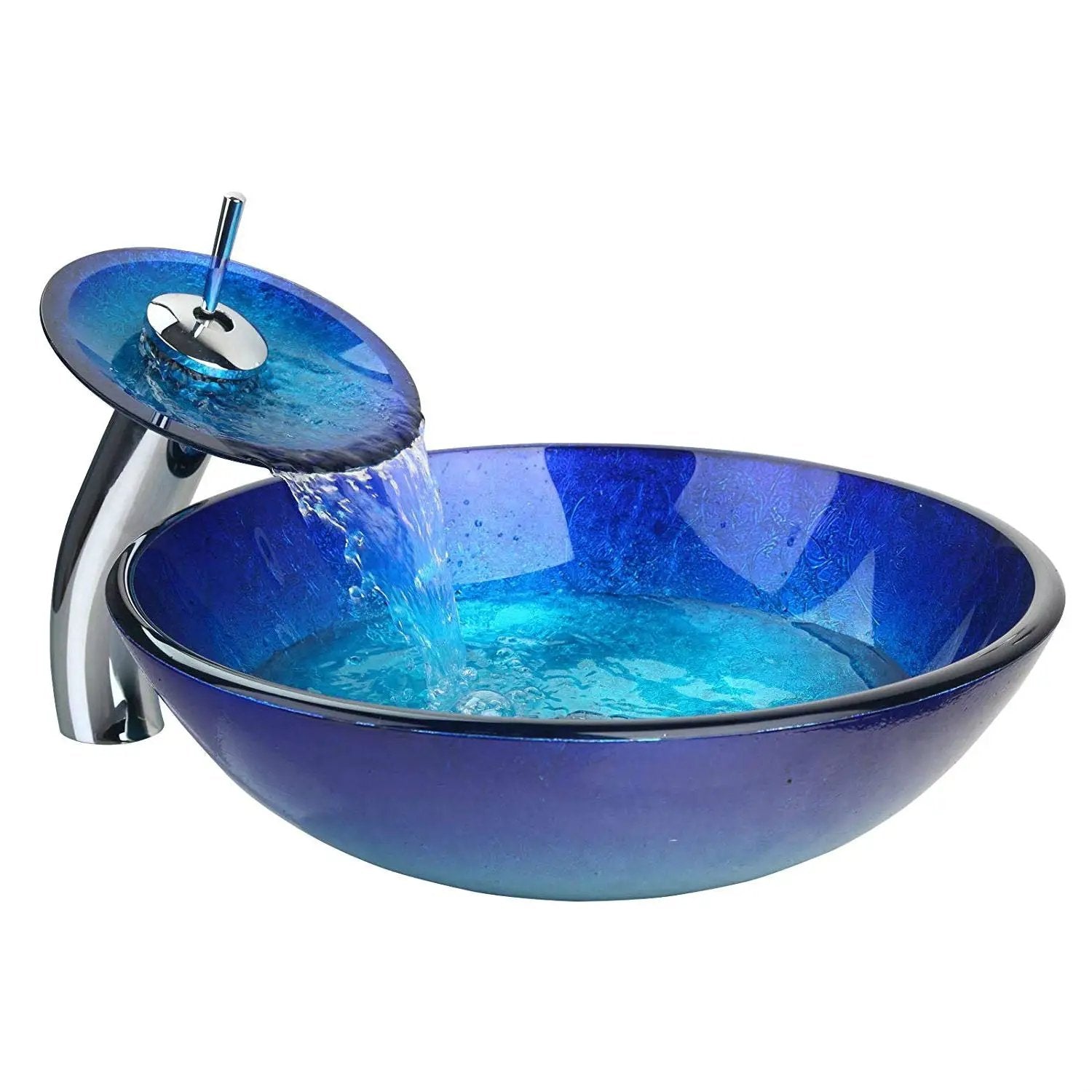 Modern Blue Glass Bathroom Vessel Sink and Faucet with Chrome Drain by HomePacific