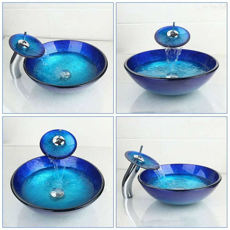 Modern Blue Glass Bathroom Vessel Sink and Faucet with Chrome Drain by HomePacific