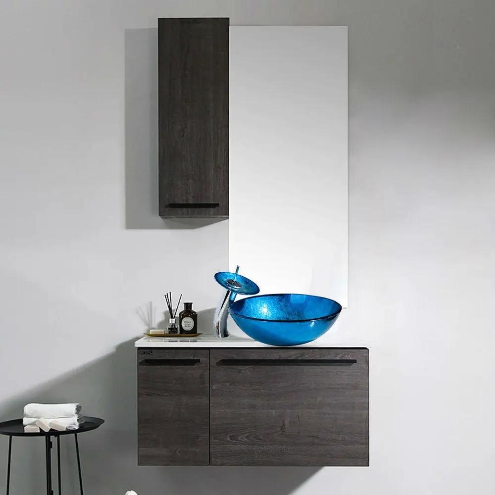 Modern Blue Glass Bathroom Vessel Sink and Faucet with Chrome Drain by HomePacific