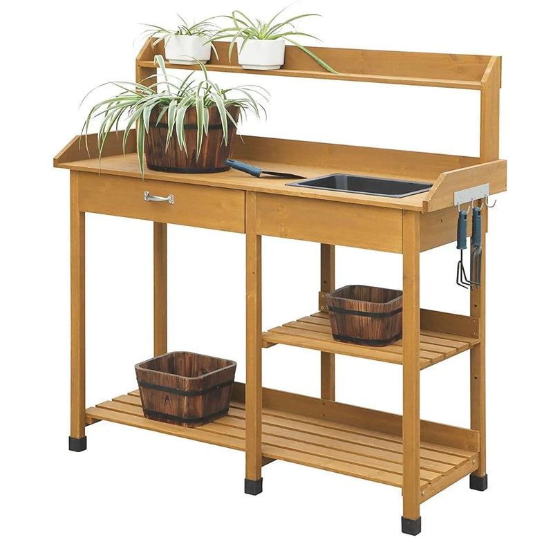Outdoor Garden Wood Potting Bench Work Table with Sink in Light Oak Finish by HomePacific