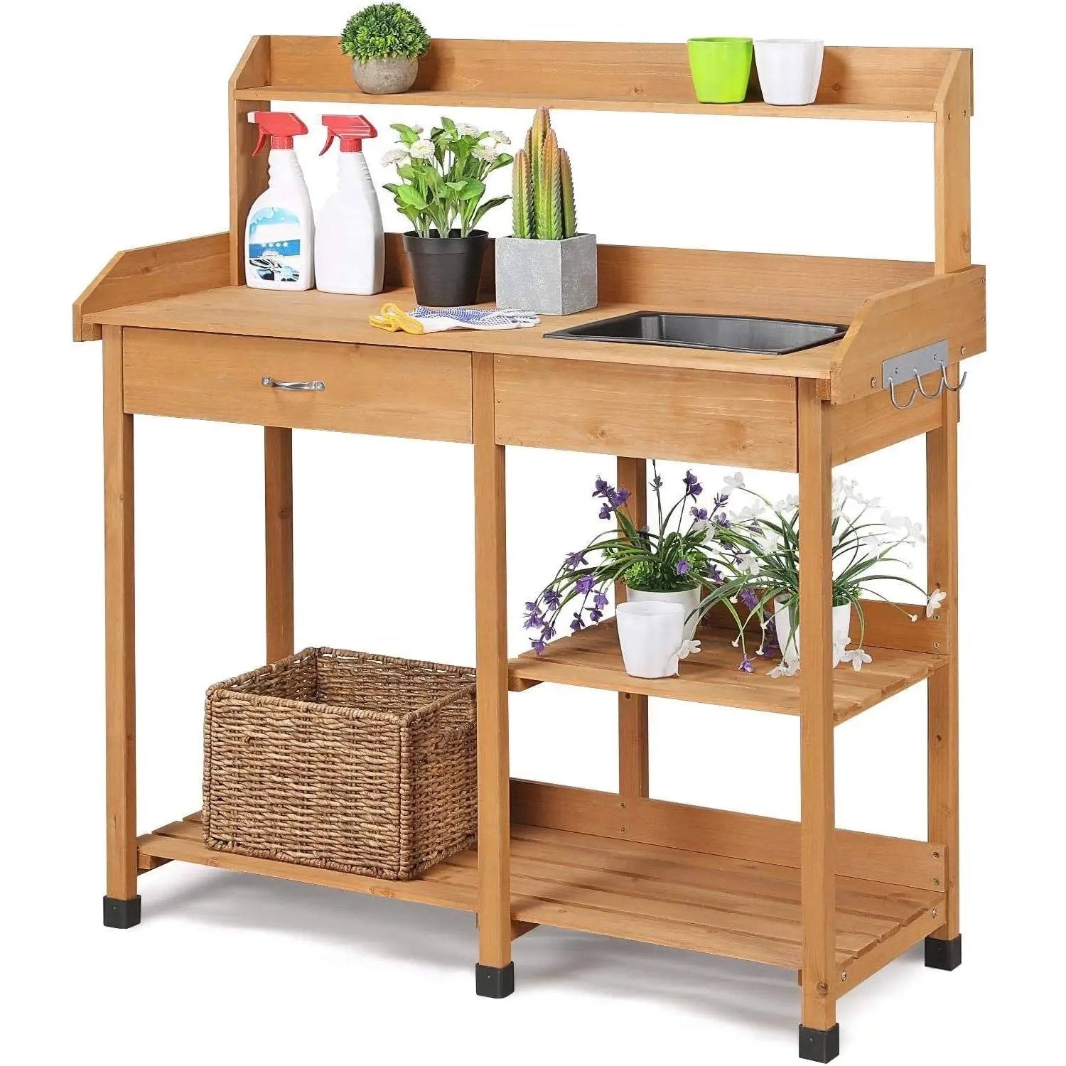 Outdoor Garden Wood Potting Bench Work Table with Sink in Light Oak Finish by HomePacific