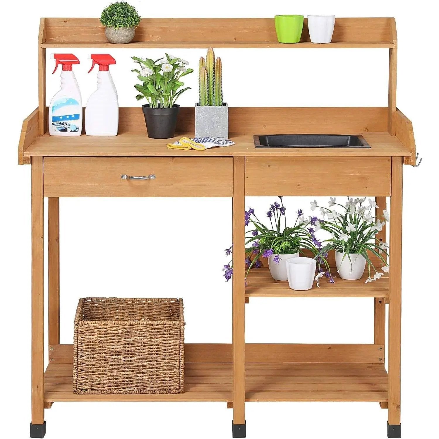 Outdoor Garden Wood Potting Bench Work Table with Sink in Light Oak Finish by HomePacific
