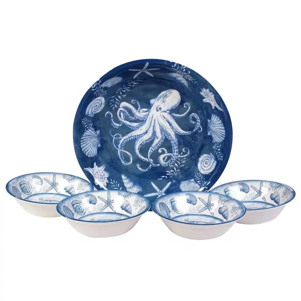 5-Piece Starfish Sea Shells Octopus Beach Dinner Bowl Set in Blue and White by HomePacific