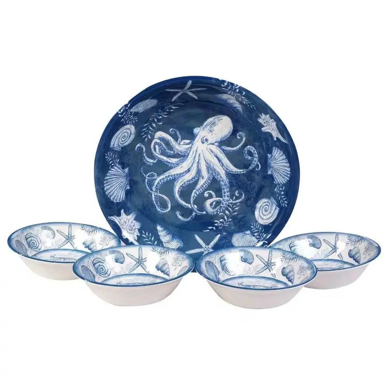 5-Piece Starfish Sea Shells Octopus Beach Dinner Bowl Set in Blue and White by HomePacific